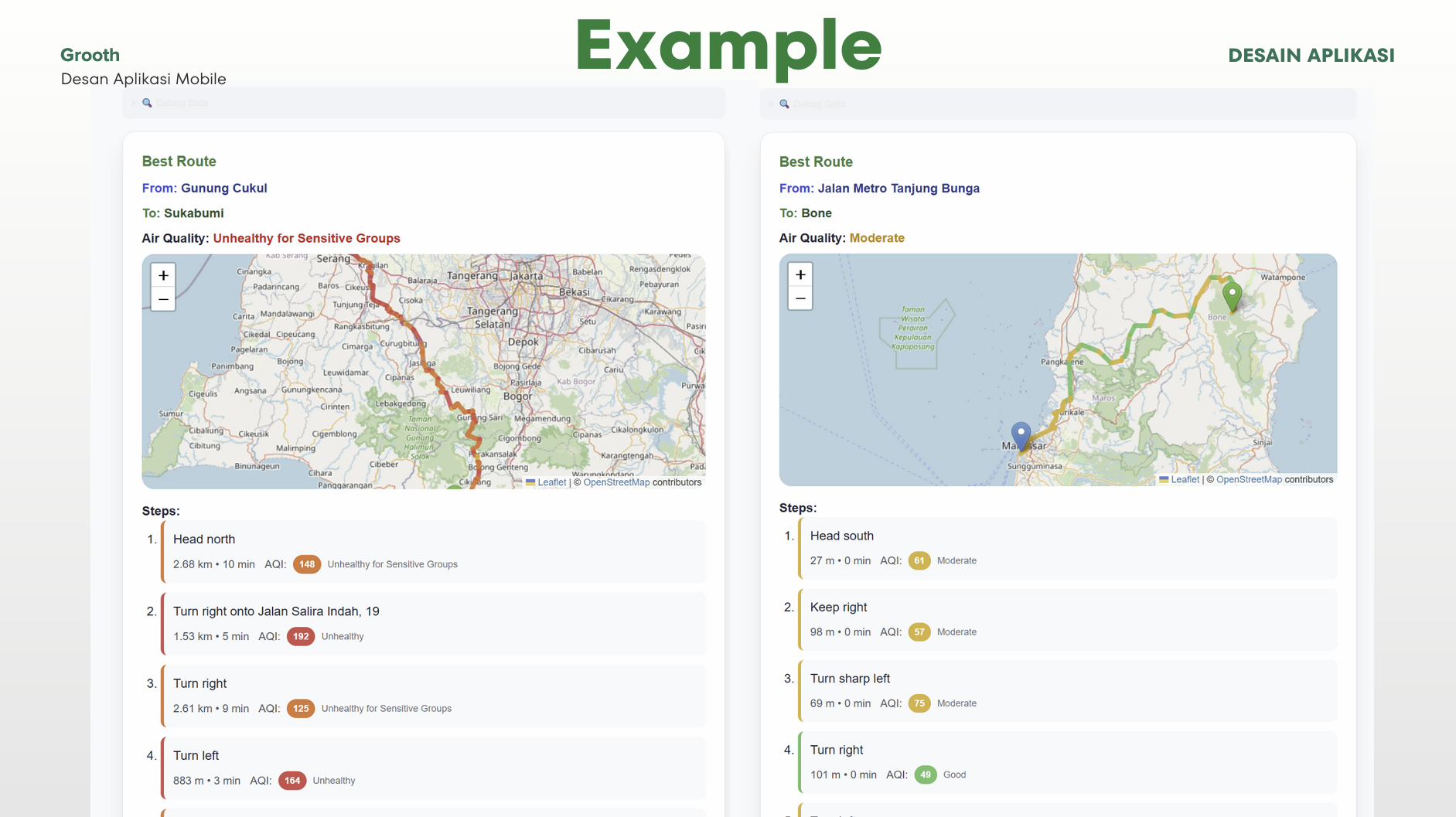 Grooth interface showing interactive map with air quality route visualization and comparison options