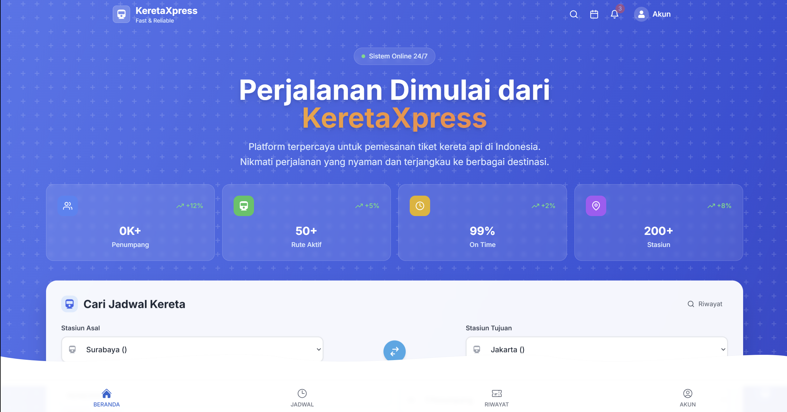 KeretaXpress web application showing train booking interface with purple gradient background, statistics cards, and booking form