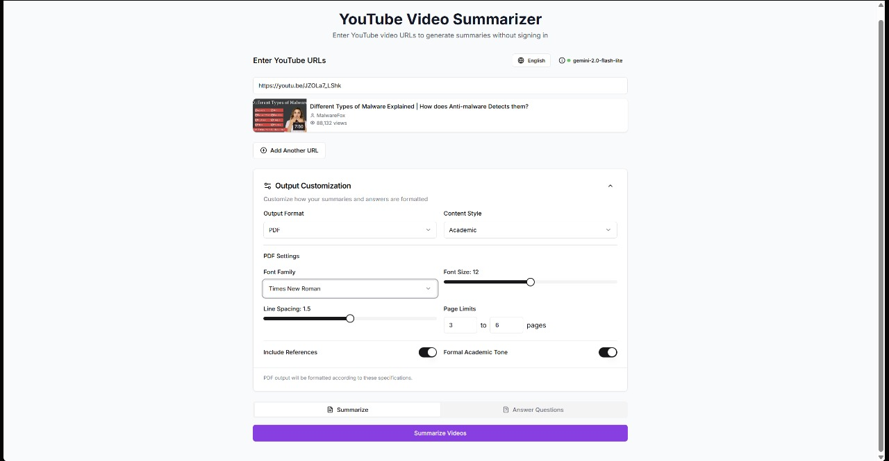Youtube Summarizer and QnA interface showing a video summary and Q&A section